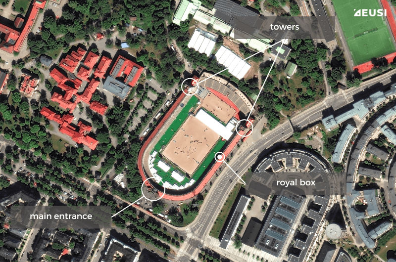 Annotated satellite image of the Olympic Stadium in Stockholm