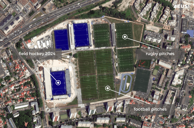 Annotated satellite image of the Olympic Stadium in Paris