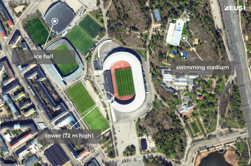 Annotated satellite image of the Olympic Stadium in Helsinki