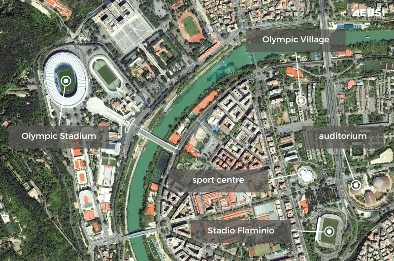 Annotated satellite image of the Olympic Stadium in Rome