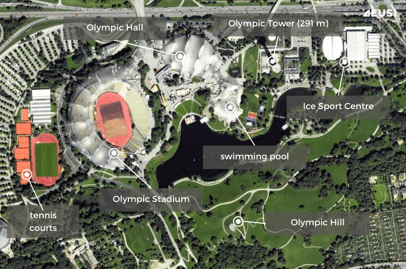 Annotated satellite image of the Olympic Stadium in Munich