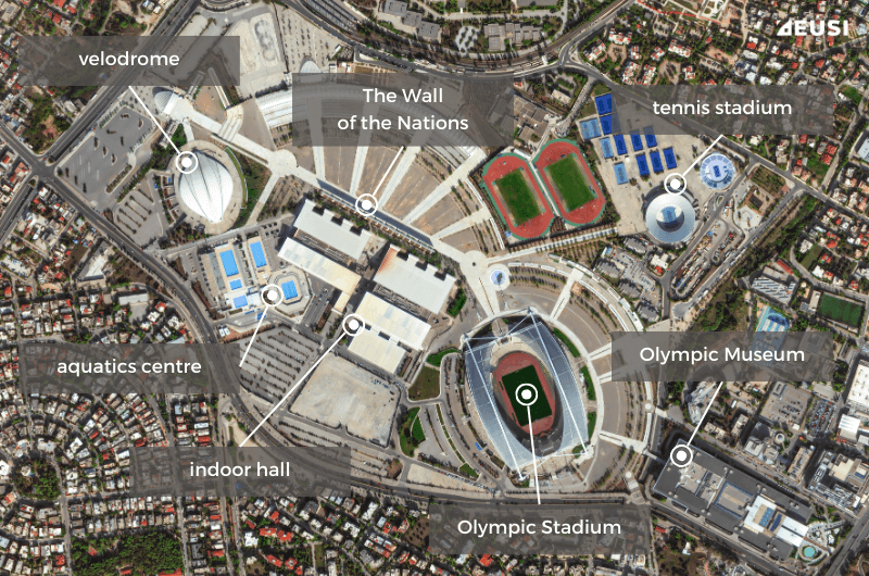 Annotated satellite image of the Olympic Stadium in Munich