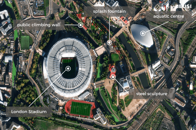 Annotated satellite image of the Olympic Stadium in Munich