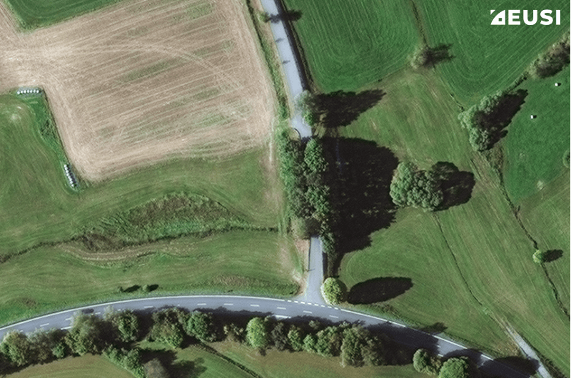 30 cm satellite image with clearly visible trees, road markings and agricultural fields