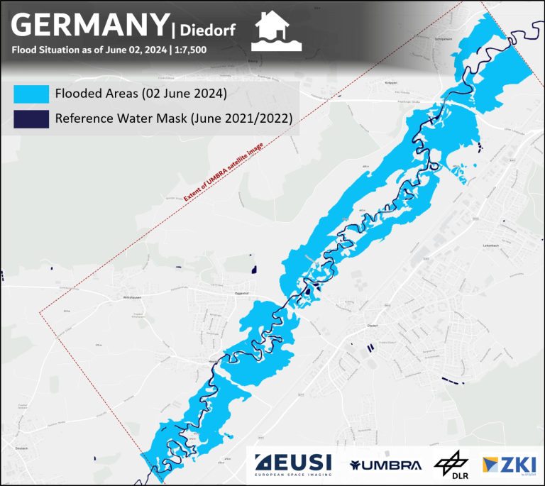 Map using a SAR image to display the extent of flooding in Southern Germany. | Map © 2024 DLR/ZKI