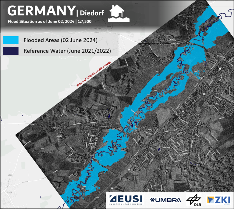 Map using a SAR image to display the extent of flooding in Southern Germany. | Map © 2024 DLR/ZKI