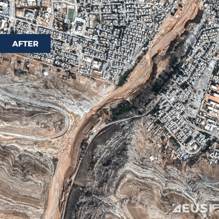 Satellite image of a collapsed dam in Derna, Libya