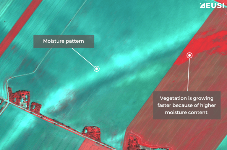 False colour satellite imagery showing moisture patterns in a field