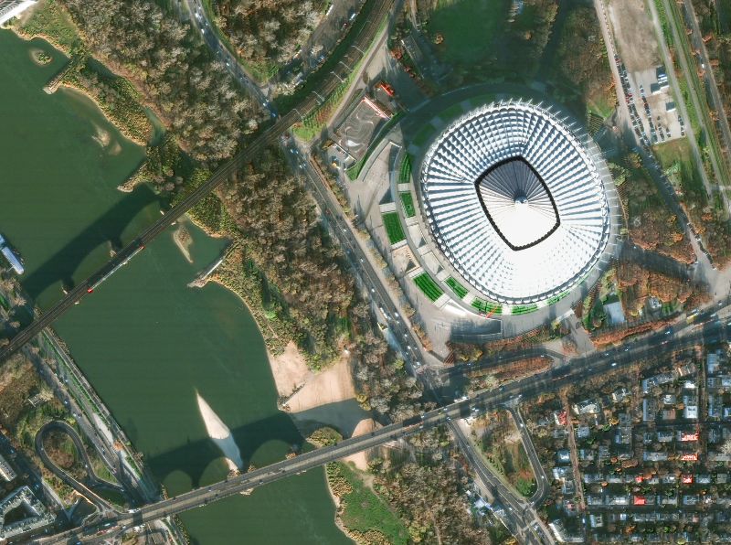 Satellite image of a stadium in Warsaw