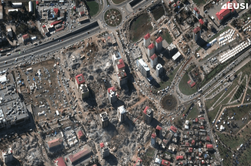 Satellite image of damaged buildings